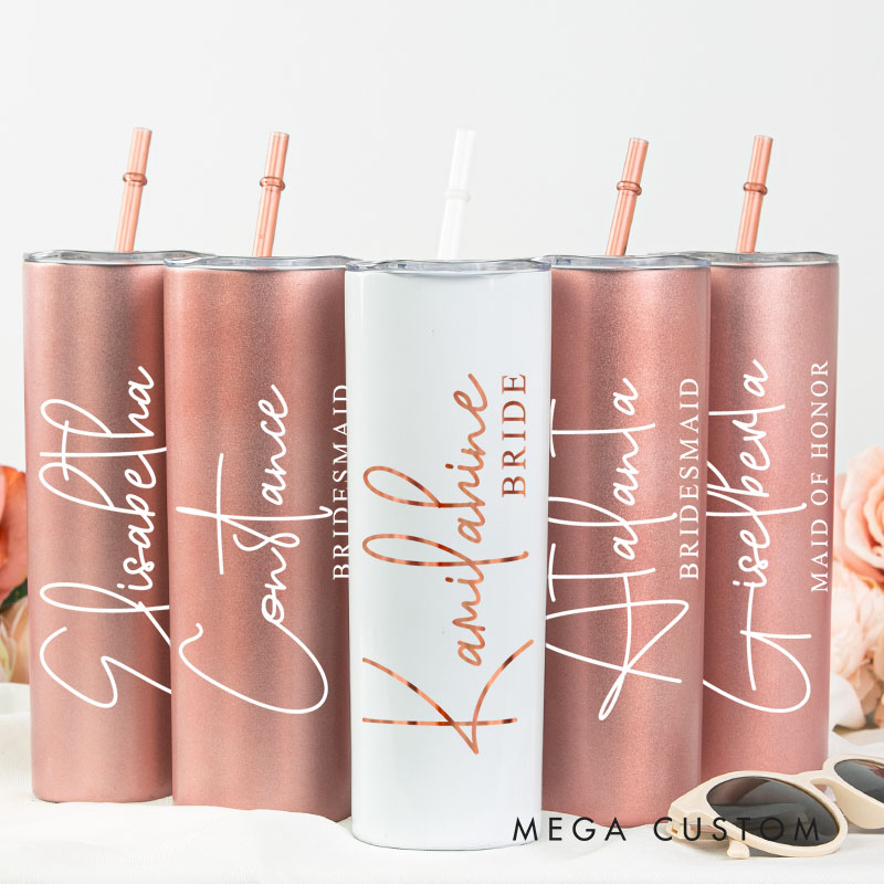 Personalized Bridesmaid Name with Heart 20oz Skinny Tumbler with Lid and Straw Custom Bride Name Wedding Tumbler Maid of Honor Bachelorette Party Gift