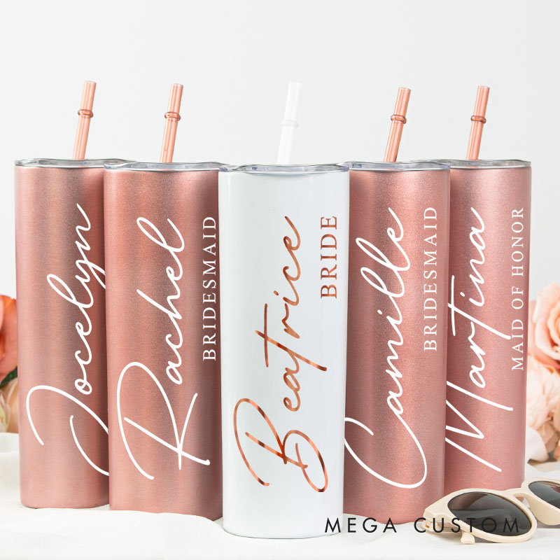 Personalized Minimalist Bridesmaid Name 20oz Skinny Tumbler with Lid and Straw Custom Bride Name Wedding Tumbler Maid of Honor Bachelorette Party Gift