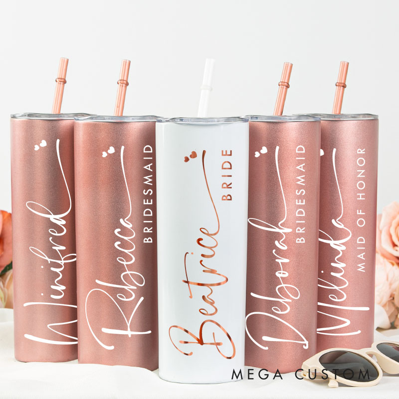 Personalized Stylish Bridesmaid Name 20oz Skinny Tumbler with Lid and Straw Custom Bride Name Wedding Tumbler Maid of Honor Bachelorette Party Gift