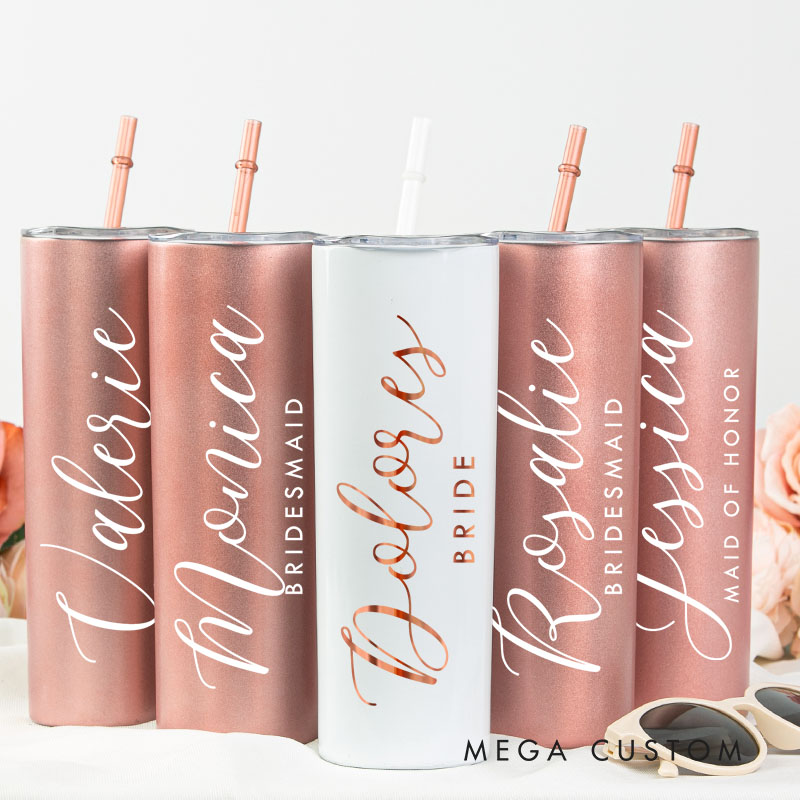 Personalized Elegant Bridesmaid Name 20oz Skinny Tumbler with Lid and Straw Custom Bride Name Wedding Tumbler Maid of Honor Bachelorette Party Gift