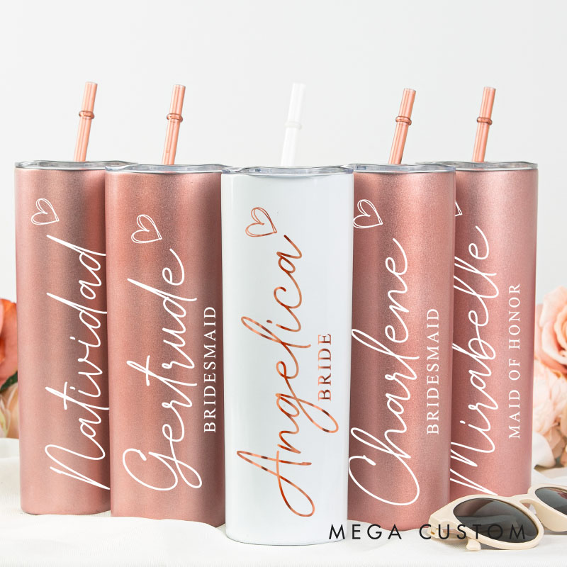 Personalized Bridesmaid 20oz Skinny Tumbler with Lid and Straw Custom Bride Name with Heart Wedding Tumbler Maid of Honor Bachelorette Party Gift