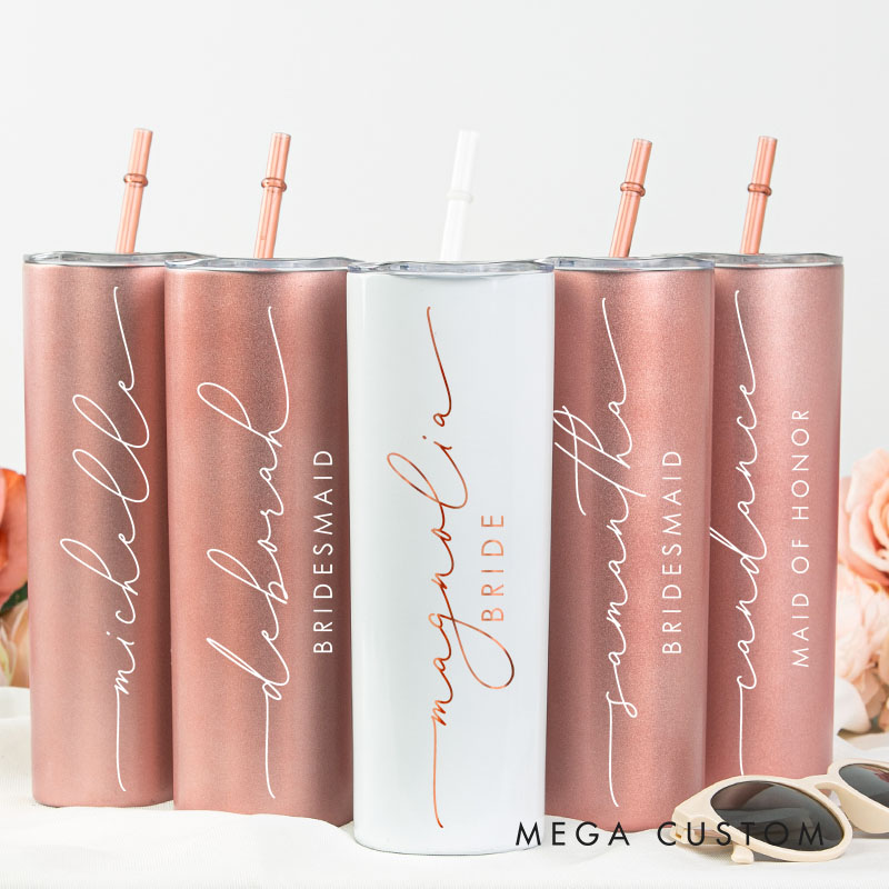 Personalized Bridesmaid Wedding 20oz Skinny Tumbler with Lid and Straw Custom Bride Name with Heart Tumbler Maid of Honor Bachelorette Party Gift