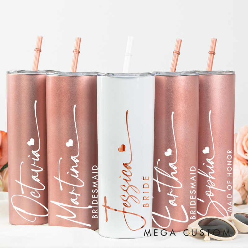 Personalized Bridesmaid Wedding Stylish 20oz Skinny Tumbler with Lid and Straw Custom Bride Name Tumbler Maid of Honor Bachelorette Party Gift