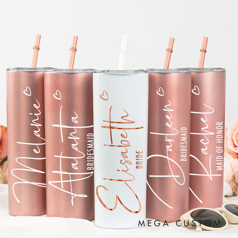 Personalized Bridesmaid Wedding 20oz Skinny Tumbler with Lid and Straw Custom Bride Name with Heart Tumbler Maid of Honor Bachelorette Party Gift