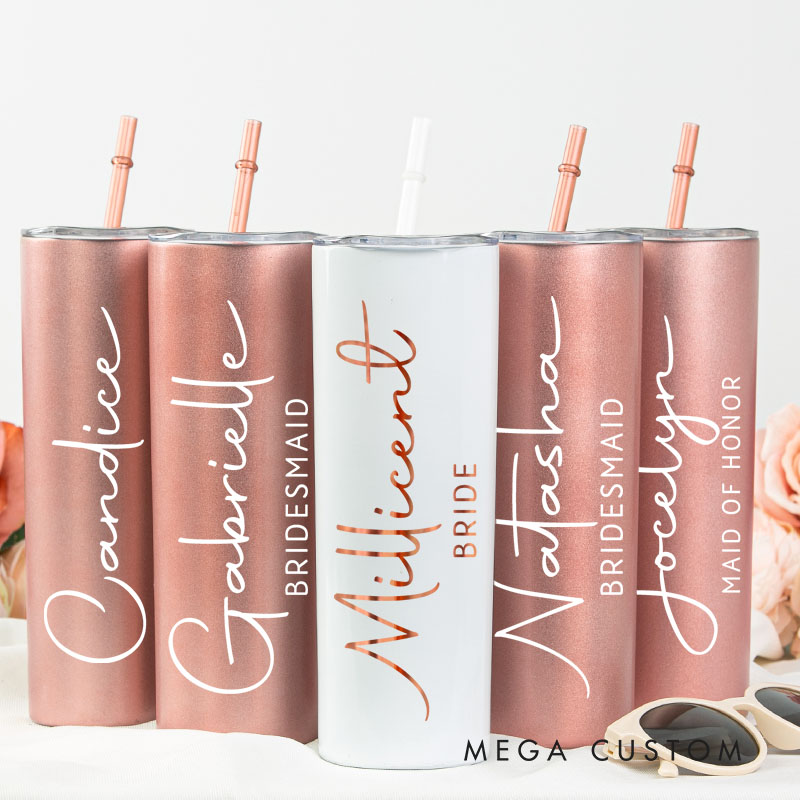 Personalized Bridesmaid 20oz Skinny Tumbler with Lid and Straw Wedding Bride Name with Heart Tumbler Maid of Honor Bachelorette Party Gift for Her