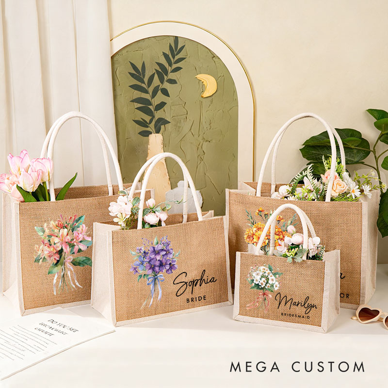 Personalized Bridesmaid Birth Flower Burlap Tote Bag Bride Elegant Month Flower Tote Bag Wedding Jute Beach Bag Bridal Shower Bachelorette Party Gift