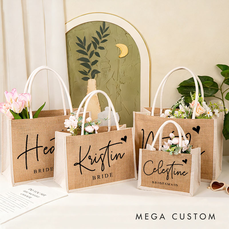Personalized Bridesmaid Burlap Tote Bag Custom Bride Name with Heart Tote Bag Wedding Jute Beach Bag Bridal Shower Gift Bachelorette Party Favors