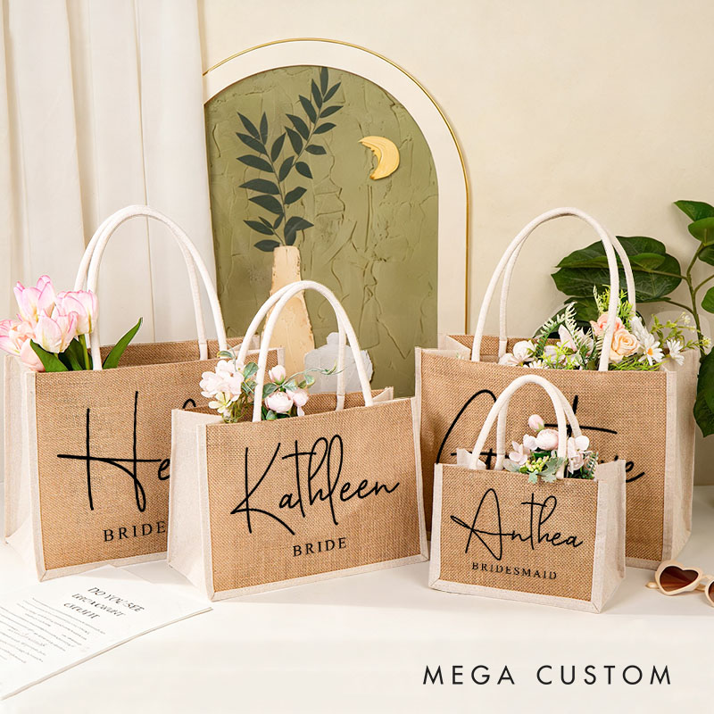 Personalized Bridesmaid Burlap Tote Bag Custom Bride Name Tote Bag with White Side Wedding Jute Beach Bag Bridal Shower Bachelorette Party Gift