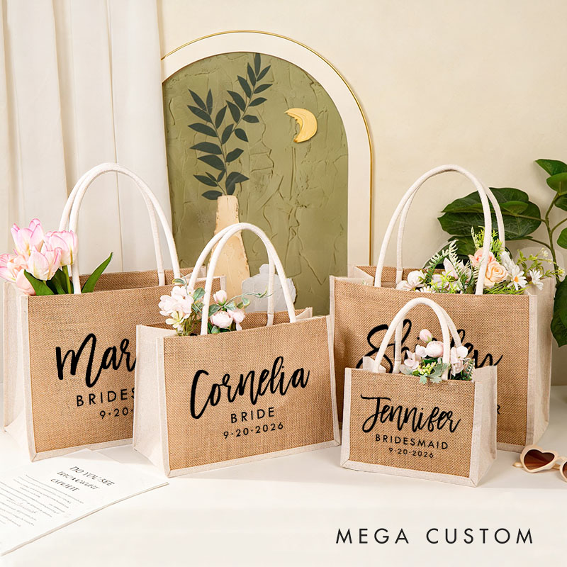 Personalized Bridesmaid Boho Burlap Tote Bag Custom Bride Tote Bag with White Side Wedding Date Jute Beach Bag Bridal Shower Bachelorette Party Gift