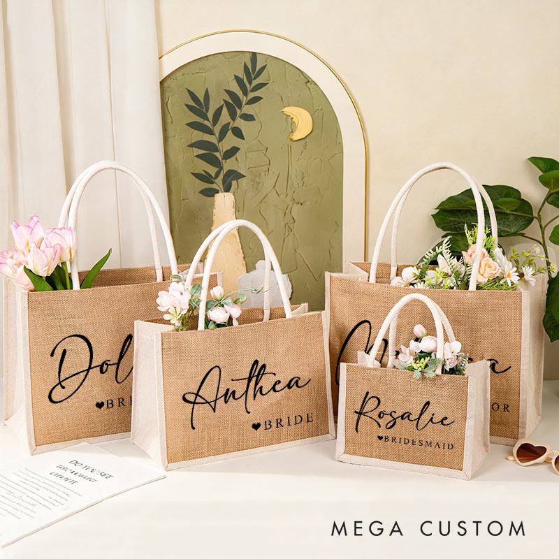 Personalized Bridesmaid Burlap Tote Bag with White Side Bride Title with heart Tote Bag Wedding Jute Beach Bag Bridal Shower Bachelorette Party Gift