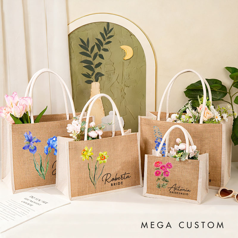 Personalized Bridesmaid Birth Flower Burlap Tote Bag with White Side Custom Bride Tote Bag Wedding Jute Beach Bag Bridal Shower Bachelorette Party Bag