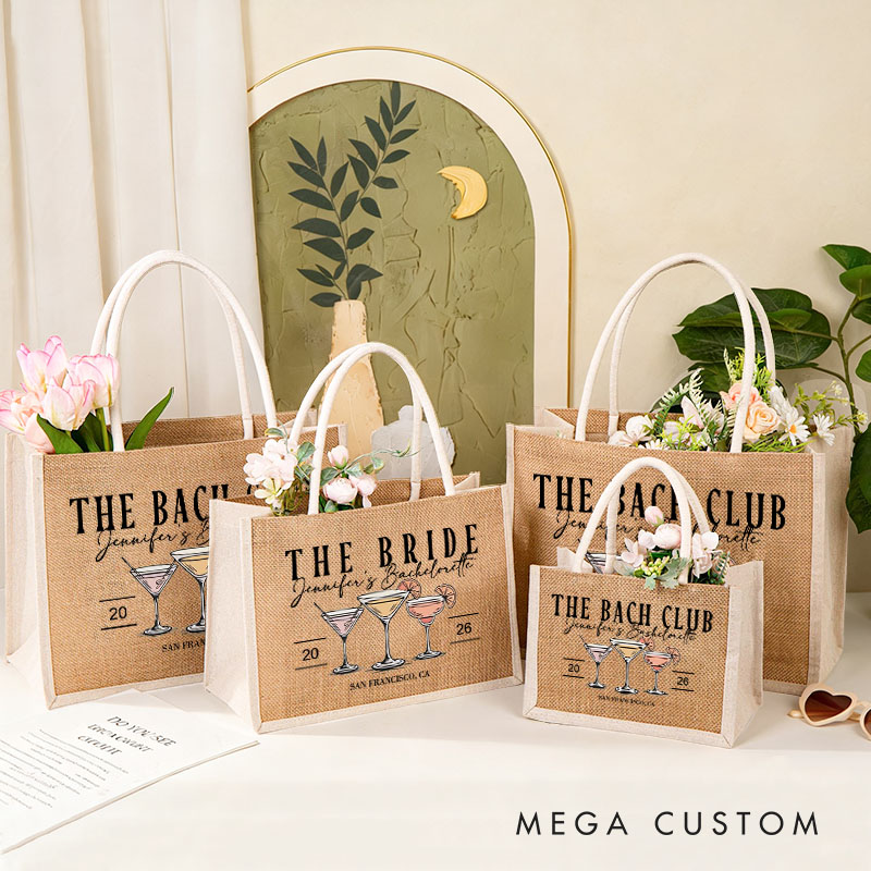 Personalized Bridesmaid The Bach Club Cocktail Burlap Tote Bag Bride Tote Bag Wedding Location Jute Beach Bag Bridal Shower Bachelorette Party Gift