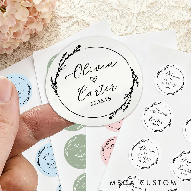 Personalized Couple Wedding Floral Wreath 1.5" Stickers with Name Newlyweds Thank You Stickers Party Favors Label Tags Candle Bridal Shower Favors