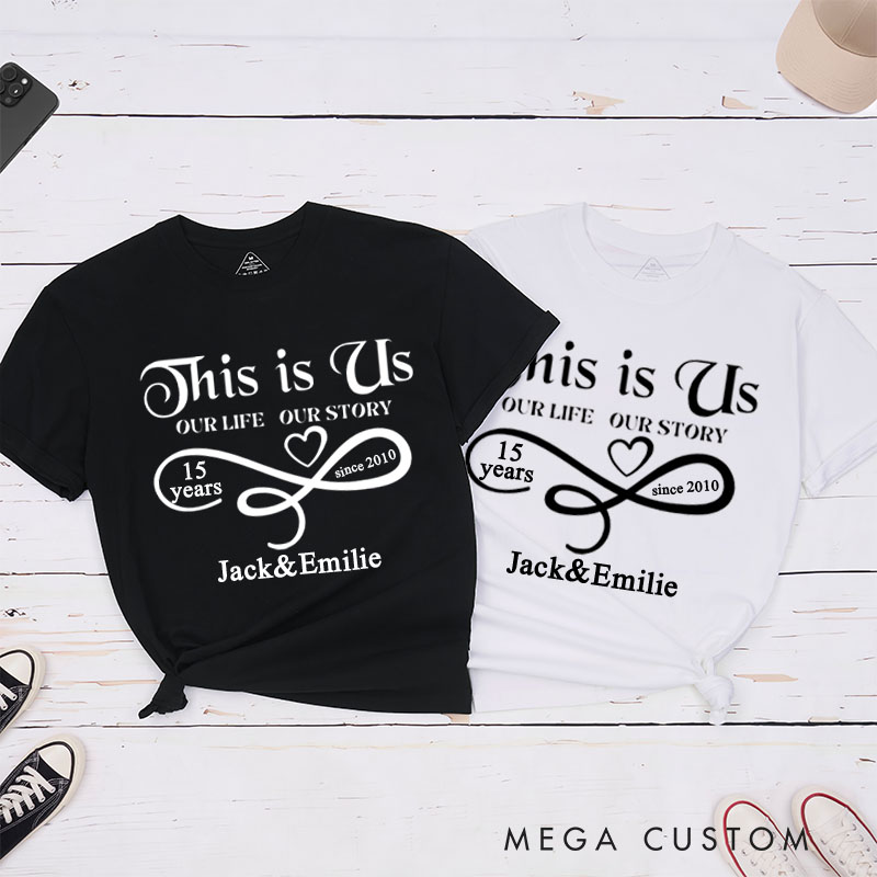Personalized Couple 15th Anniversary T-Shirt This Is Us - 15 Years of Love and Memories T-Shirts Anniversary Shirt for Husband Wife