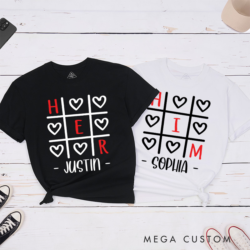 Personalized Couple Tic-Tac-Toe Her and Him Matching T-Shirt Valentine's Day T-Shirt for Husband Wife Boyfriend Girlfriend Gift