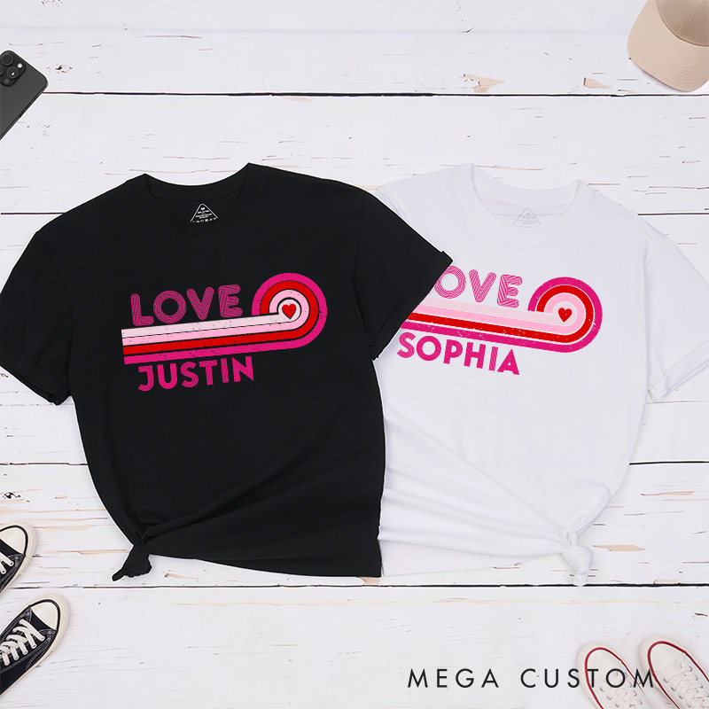 Personalized Retro Couple Pink Love with Heart Matching T-Shirt Valentine's Day Hubby and Wifey T-Shirt for Husband Wife Boyfriend Girlfriend Gift