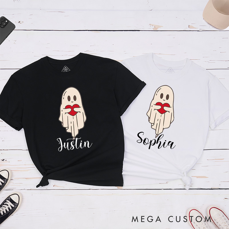Personalized Couple Ghost Holding Heart Matching T-Shirt Valentine's Day Hubby and Wifey T-Shirt for Husband Wife Boyfriend Girlfriend Gift