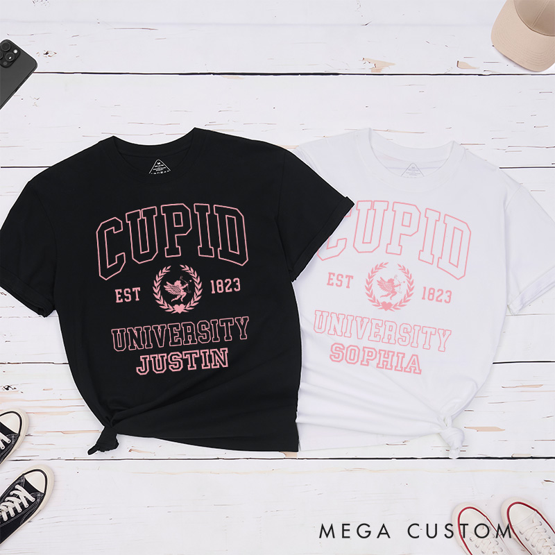 Personalized Couple Cupid University Matching T-Shirt Valentine's Day Hubby and Wifey T-Shirt for Husband Wife Boyfriend Girlfriend Gift