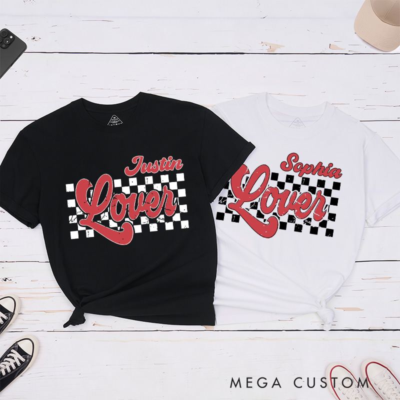 Personalized Retro Couple Lover Checkered Matching T-Shirt Valentine's Day T-Shirt for Husband Wife Boyfriend Girlfriend Gift for Hubby and Wifey