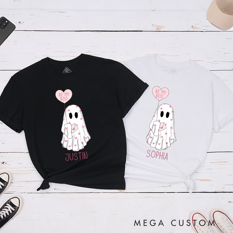 Personalized Couple Be My Boo Matching T-Shirt Valentine's Day Ghost Holding Heart Balloon T-Shirt for Husband Wife Boyfriend Girlfriend Gift