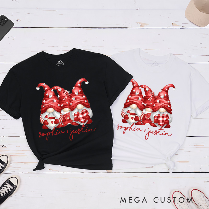 Personalized Couple Red Gnome with Heart Matching T-Shirt Valentine's Day T-Shirt for Husband Wife Boyfriend Girlfriend Gift for Hubby Wifey