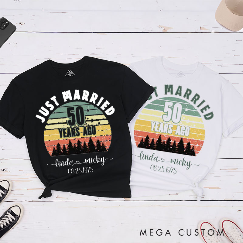 Personalized Couple 50th Anniversary T-Shirt Just Married 50 Years Ago T-Shirt Anniversary Golden Wedding Sunset Tees for Wife Husband