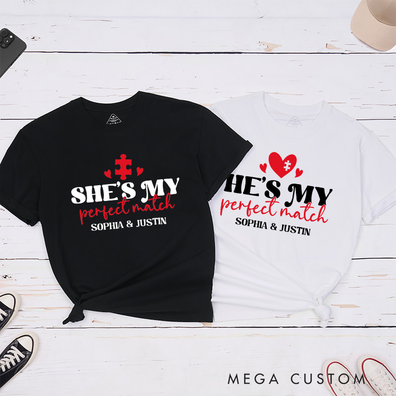 Personalized Couple She's My Perfect Match Matching T-Shirt Valentine's Day He's My Perfect Match T-Shirt for Husband Wife Boyfriend Girlfriend Gift