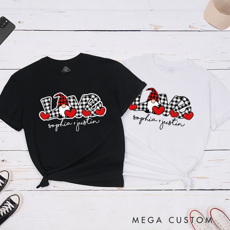 Personalized Couple Plaid Love Gnome with Red Heart Matching T-Shirt Valentine's Day T-Shirt for Husband Wife Boyfriend Girlfriend Gift