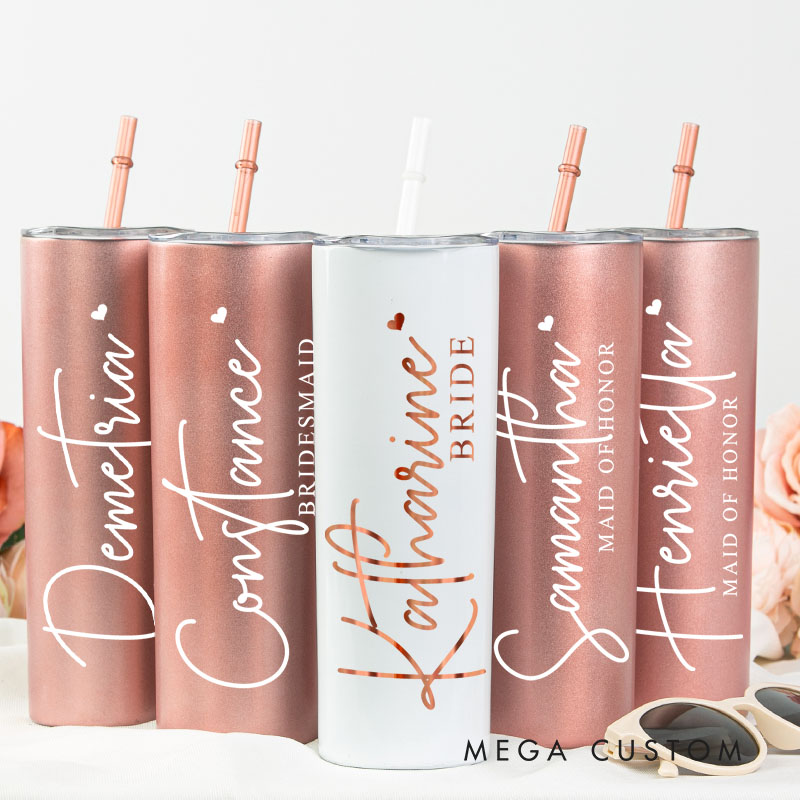 Personalized Bridesmaid Name with Heart 20oz Skinny Tumbler with Lid and Straw Custom Bride Name Wedding Tumbler Maid of Honor Bachelorette Party Gift