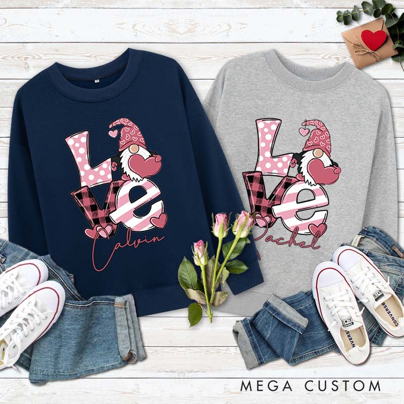 Personalized Couple Playful LOVE Gnome Matching Sweatshirt with Name Couple Valentine’s Day Sweatshirt for Husband Wife Boyfriend Girlfriend