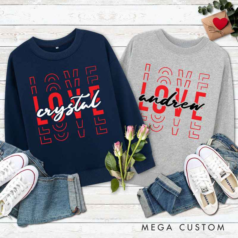 Personalized Couple Red Love Matching Sweatshirt with Name Couple Valentine's Day Sweatshirt for Husband Wife Boyfriend Girlfriend