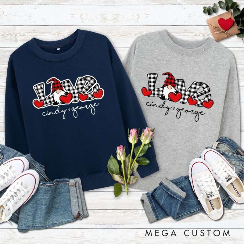 Personalized Couple Plaid Gnome LOVE Matching Sweatshirt Couple Valentine's Day Sweatshirt for Husband Wife Boyfriend Girlfriend