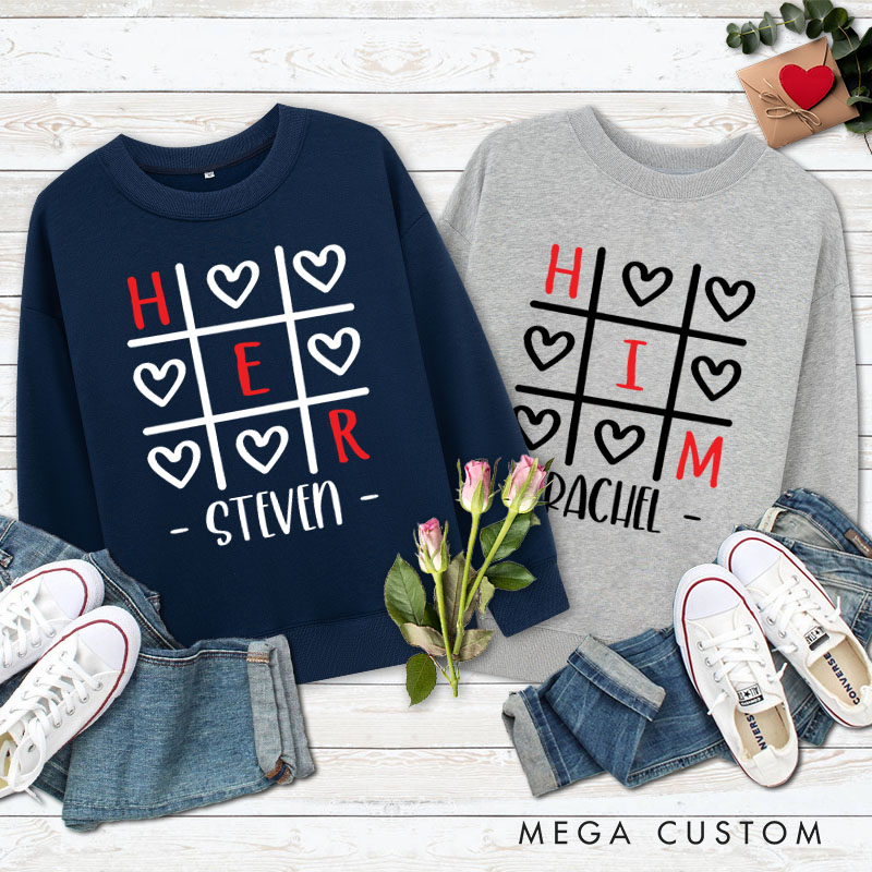 Personalized Couple Tic-Tac-Toe Her and Him Matching Sweatshirt Couple Valentine's Day Sweatshirt for Husband Wife Boyfriend Girlfriend
