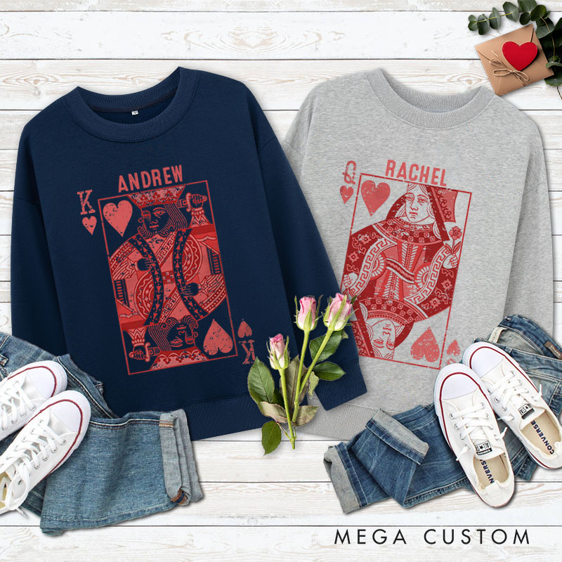Personalized Couple King and Queen of Hearts Matching Sweatshirt Couple Valentine's Day Sweatshirt for Husband Wife Boyfriend Girlfriend