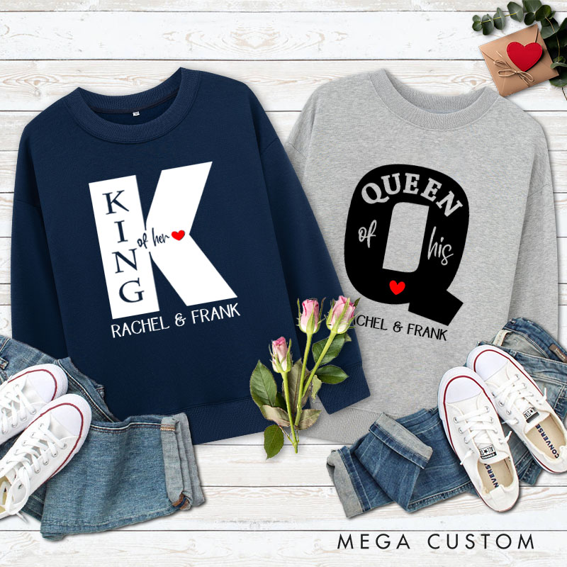 Personalized Couple King of Her Heart and Queen of His Heart Sweatshirt Couple Valentine's Day Sweatshirt for Husband Wife Boyfriend Girlfriend