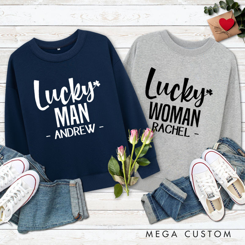 Personalized Couple Lucky Man and Lucky Woman with Clover Sweatshirt Couple Valentine's Day Sweatshirt for Husband Wife Boyfriend Girlfriend
