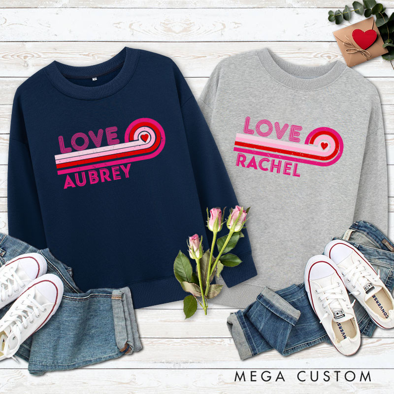 Personalized Couple Retro LOVE Matching Sweatshirt with Name Couple Valentine's Day Sweatshirt for Husband Wife Boyfriend Girlfriend