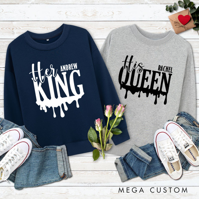 Personalized Couple Charming Her King and His Queen Matching Sweatshirt Couple Valentine's Day Sweatshirt for Husband Wife Boyfriend Girlfriend