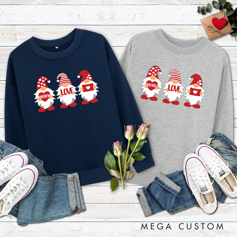 Personalized Couple Cute Red Gnome with Heart Sweatshirt Couple Valentine's Day Sweatshirt for Husband Wife Boyfriend Girlfriend