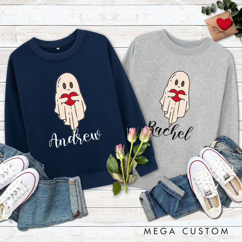 Personalized Couple Ghost Holding a Heart Matching Sweatshirt with Name Couple Valentine's Day Sweatshirt for Husband Wife Boyfriend Girlfriend