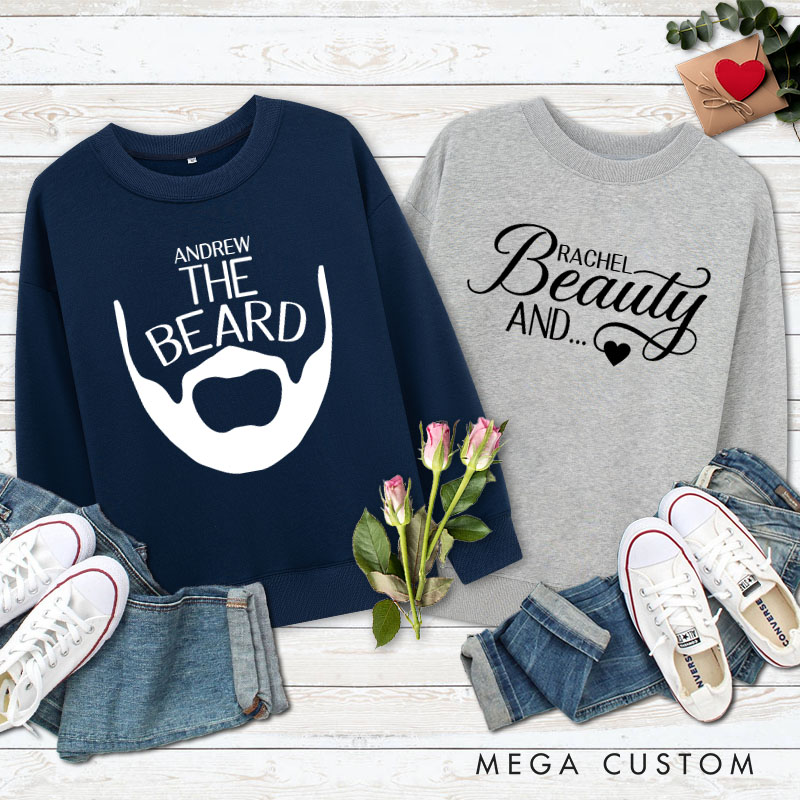 Personalized Couple The Beard and Beauty Sweatshirt Couple Valentine's Day Sweatshirt for Husband Wife Boyfriend Girlfriend
