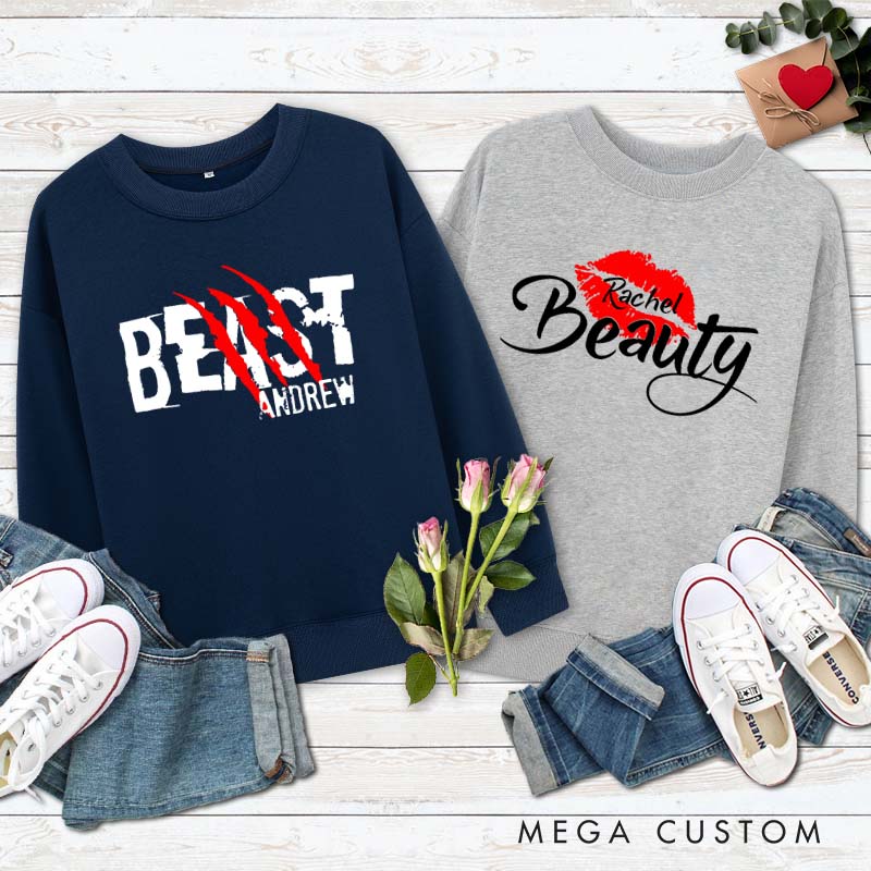 Personalized Couple Beast with Claw and Beauty with Kiss Matching Sweatshirt Couple Valentine's Day Sweatshirt for Husband Wife Boyfriend Girlfriend