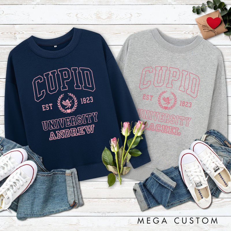 Personalized Couple Cupid University Matching Sweatshirt with Name Couple Valentine's Day Sweatshirt for Husband Wife Boyfriend Girlfriend