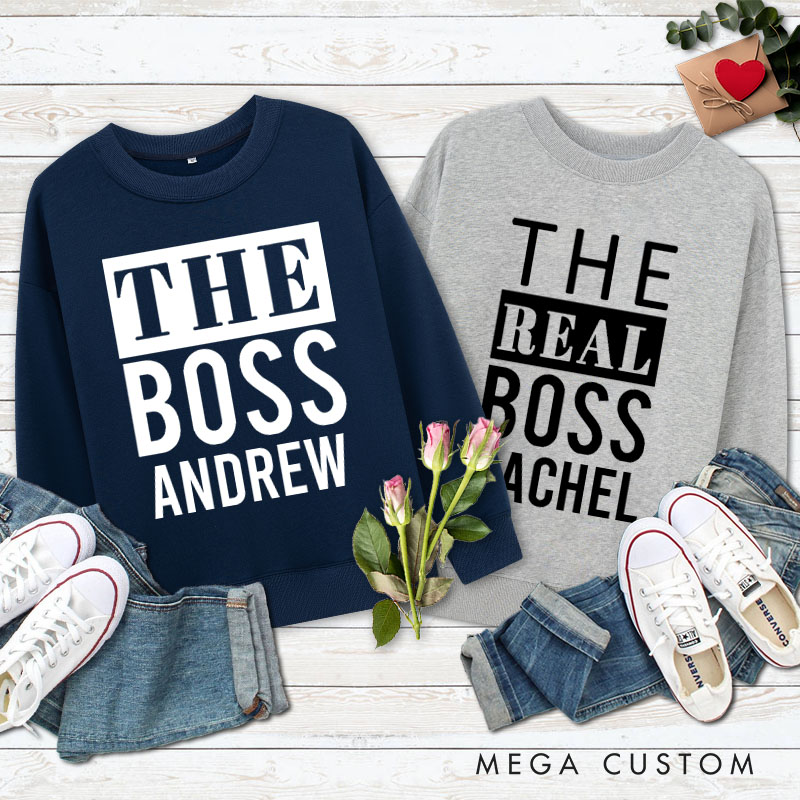 Personalized Couple Minimalist The Boss and The Real Boss Matching Sweatshirt Couple Valentine's Day Sweatshirt for Husband Wife Boyfriend Girlfriend