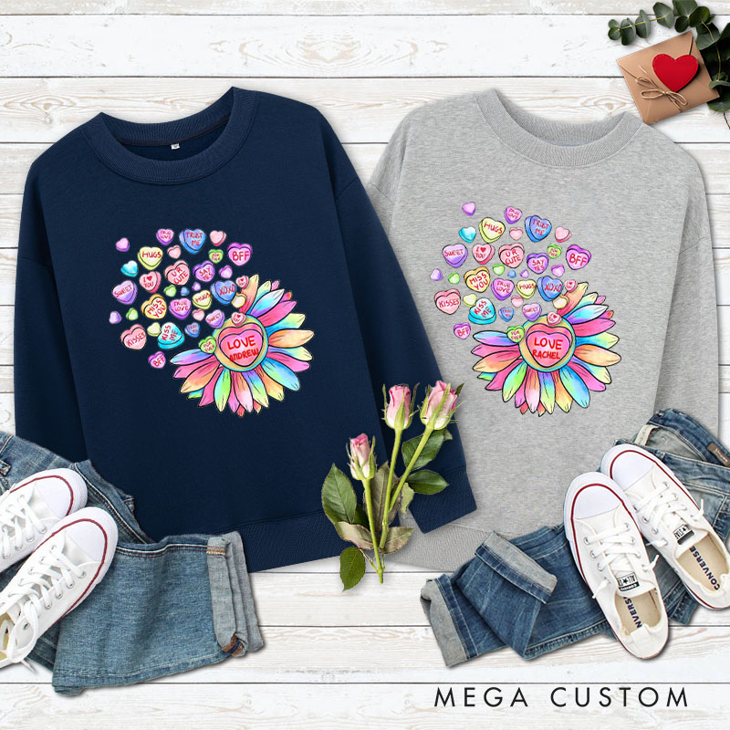 Personalized Couple Colorful Flower with Heart Matching Sweatshirt Couple Valentine's Day Sweatshirt for Husband Wife Boyfriend Girlfriend