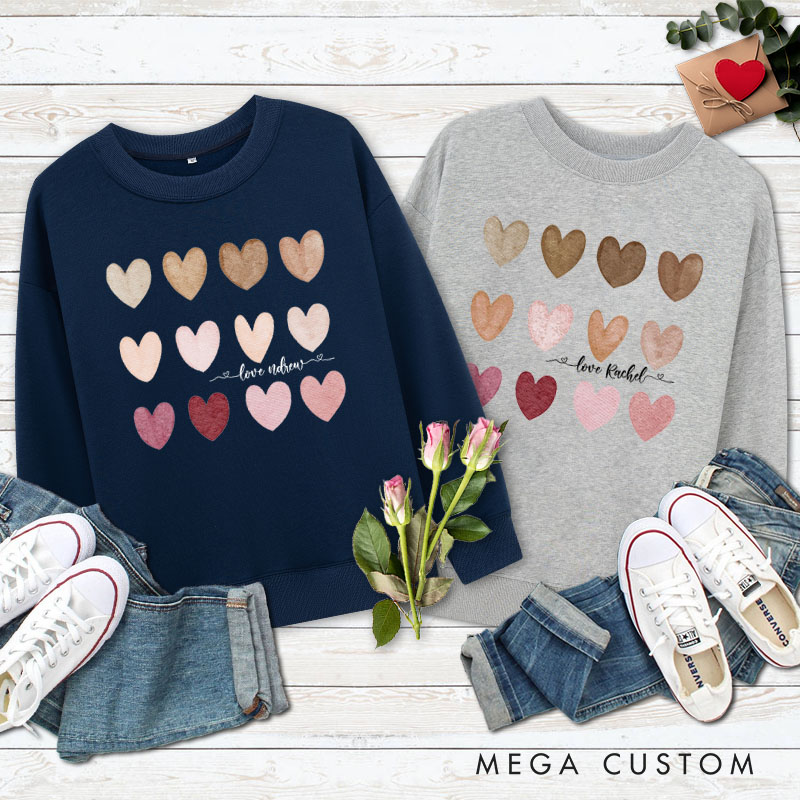 Personalized Couple Charming Hearts Matching Sweatshirt with Name Couple Valentine's Day Sweatshirt for Husband Wife Boyfriend Girlfriend