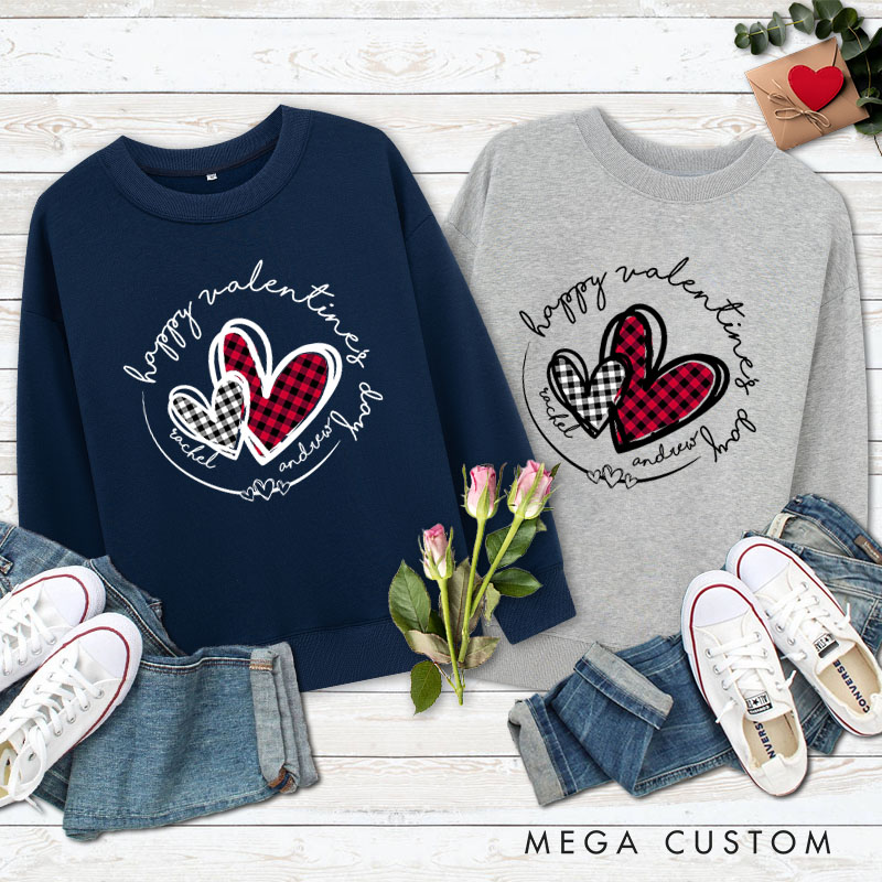 Personalized Couple Plaid Heart Matching Sweatshirt with Name Couple Valentine's Day Sweatshirt for Husband Wife Boyfriend Girlfriend