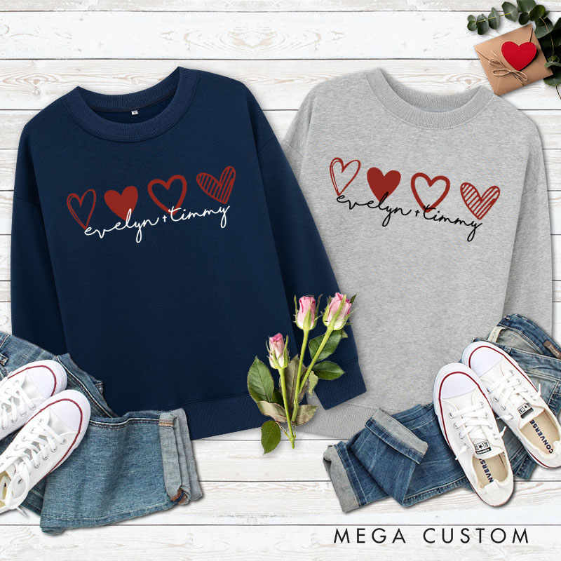 Personalized Couple 4 Red Hearts Matching Sweatshirt with Name Couple Valentine's Day Sweatshirt for Husband Wife Boyfriend Girlfriend
