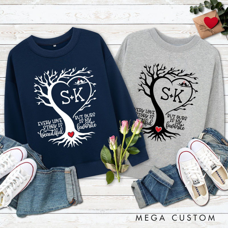 Personalized Couple Love Tree Matching Sweatshirt with Initials Couple Valentine's Day Sweatshirt for Husband Wife Boyfriend Girlfriend
