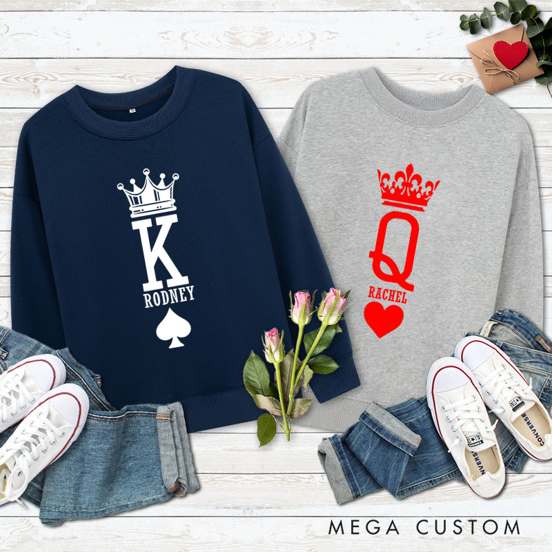 Personalized Couple Minimalist King and Queen with Crown Matching Sweatshirt Couple Valentine's Day Sweatshirt for Husband Wife Boyfriend Girlfriend
